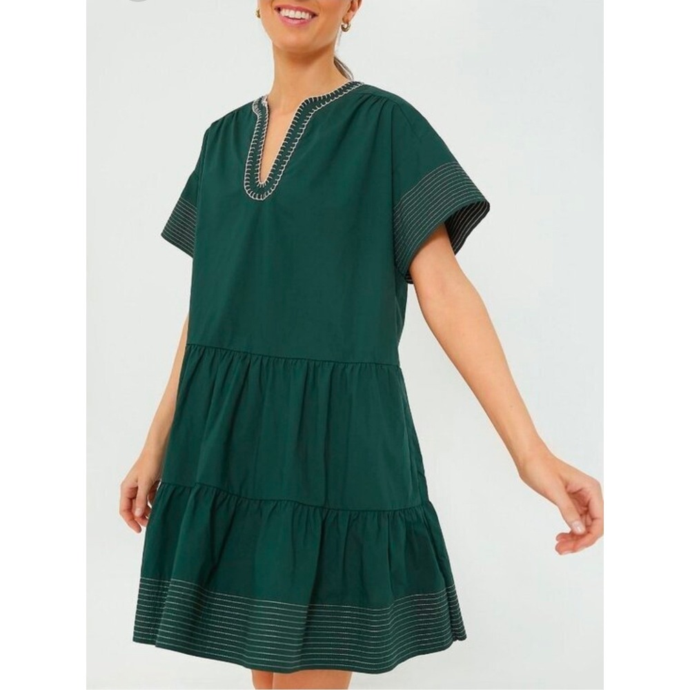 Pomander Place Tuckernuck Kinsley evergreen Cotton Tiered Mini Dress Pockets S